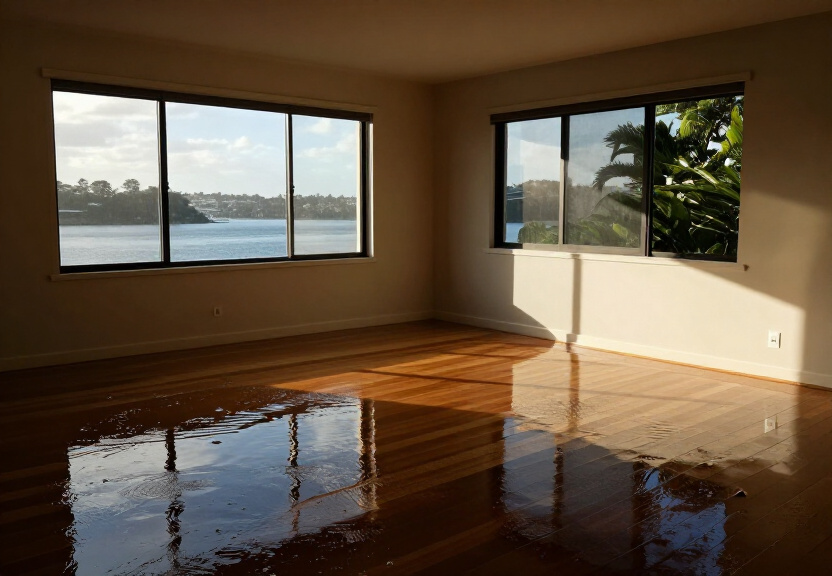 Flooded living room in Homebush West before restoration